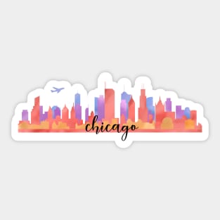 Color Chicago City Skyline Watercolour Multilayer With Aircraft/Flight/Aeroplane/Airplane/Plane Sticker